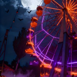 a ferris wheel lit up at night with pumpkins in the foreground and bats flying around Halloween Roller Coaster Writing A Book, Halloween Amusement Park, Amusement Park, Iphone, dark slate gray