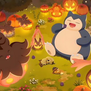 a cartoon cat sitting on the ground surrounded by pumpkins Halloween Snorlax Snorlax Header, Desert Drinks, Snorlax Computer, Pikachu Halloween, Sleep Phases, sienna