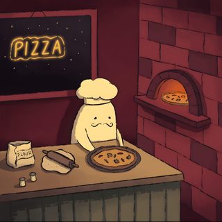a cartoon character is cooking pizza in front of an oven Halloween Pizza Cartoon Animated Pizza Drawing, Cute Animated Pizza, Pizza Oven Animated, dark slate gray