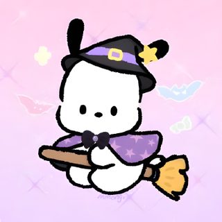 a cartoon character holding a broom and wearing a witches hat Pochacco Halloween Halloween Cute, Charmmy Kitty, Hello Kitty Crafts, Hello Kitty Drawing, lavender
