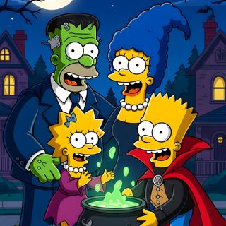 the simpsons family is dressed up as halloween characters in front of a house at night Bart Simpson Halloween Bart Simpson Halloween, Simpsons Halloween, Simpsons Happy Halloween, midnight blue