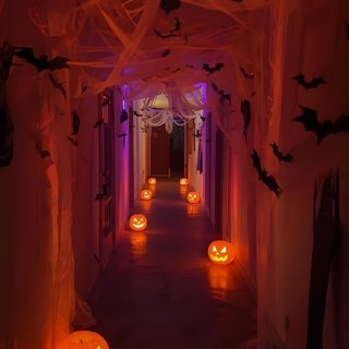a long hallway decorated with pumpkins and bats for halloween time, all lit up at night Halloween Hallway Halloween Entryway Decor Indoor, Halloween Decoration Ideas Indoor, Halloween Party Home Decor, maroon