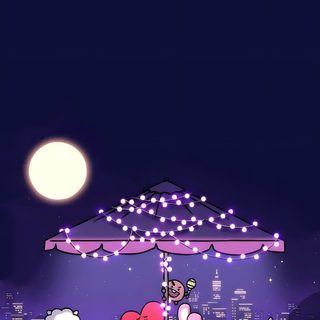 the cartoon characters are sitting under an umbrella at night with pumpkins on the ground Bt21 Halloween Background Background Bt21 Christmas, Bt21 Autumn, Bt21 Cooky Halloween, Bt21 Christmas, black