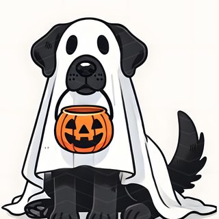a black and white dog wearing a ghost costume with a jack o lantern on it's chest Halloween Dog Ghost Halloween Clip Art, Cute Halloween Dog Drawing Easy, Dog Ghost Background, white smoke