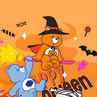 three cartoon bears dressed up as witches on an orange background with the words halloween written below them Care Bears Halloween Scare Bears, Aesthetic Halloween Care Bear, Care Bears Halloween Background, sandy brown