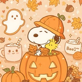 a cartoon dog in a pumpkin costume surrounded by autumn leaves Happy Halloween Snoopy Halloween sandy brown