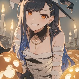 a woman in a witch costume sitting next to a cat and pumpkins with candles behind her Pjsk Halloween rosy brown