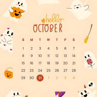 the october calendar is filled with cute ghost faces and other halloween related items, including candy October 2025 Calendar Halloween October Birthday, Halloween October Calendar, Cute October 2020 Calendar, bisque
