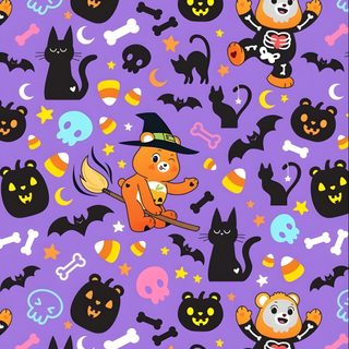 halloween themed wallpaper with cats, bats and skulls Halloween Cartoon Toss Scare Bears, Care Bear Fall, Carebear Halloween, Care Bear Halloween, medium purple