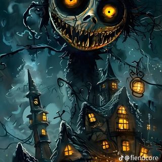 an image of a creepy house with pumpkins on it's face and eyes Halloween Nightmare Halloween Nightmare, Halloween Tim Burton, Tim Burton Halloween, dark slate gray