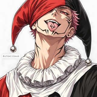 a drawing of a man with red hair and piercings on his face wearing a pirate hat Sukuna Halloween tan