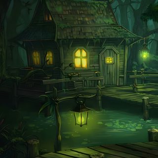 a painting of a house in the middle of a forest at night with lights on Halloween Swamp Bayou Background, Swamp Cabin Background Aesthetic, Bayou House Background, Swamp House, black
