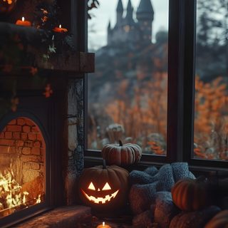pumpkins and candles lit in front of a window with a view of a castle Halloween Fireplace black