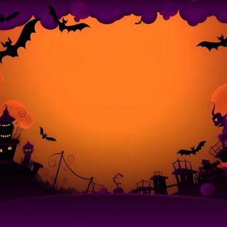a halloween scene with pumpkins and bats Wow Halloween Cute Halloween Landscape, Background Halloween, Halloween Pumpkin For Walls, saddle brown