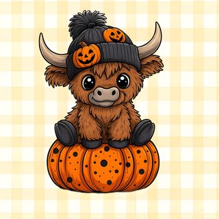 a brown cow sitting on top of a pumpkin Cow Halloween lemon chiffon