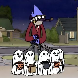 a cartoon character standing in front of a group of ghost Regular Show Halloween Regular Show Halloween Pfp, Old Cartoon Network Halloween, Regular Show Halloween Episodes, dark olive green