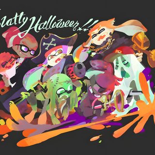 an abstract painting with people and animals on it's face in the middle of paint splatters Splatoon Halloween Splatoon Ipad, Splatoon Ink Background, Splatoon 3 Promo Art, dark slate gray
