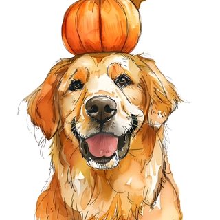 a golden retriever with a pumpkin on top of it's head is smiling Golden Retriever Halloween Golden Retriever Face Paint, Thanksgiving Dog Art, Golden Retriever Drawing, white