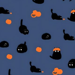 black cats and pumpkins on a blue background with orange balls in the shape of faces Cute Halloween With Cats Cute Halloween Cat, Halloween Cat, Halloween Cat For Phone, dark slate blue