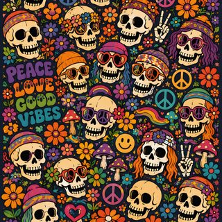 skulls and flowers with peace, love, and hippies on the back ground Hippie Halloween dark slate gray