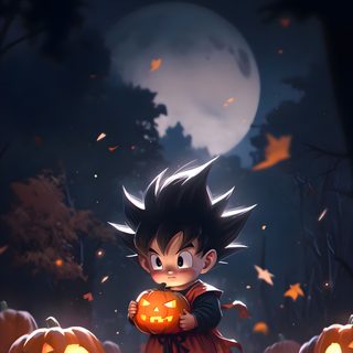 a young gohan holding a pumpkin in front of a full moon Halloween Goku Dragon Ball Christmas 4k, Halloween Goku, Goku Petit, Kid Goku Halloween, black