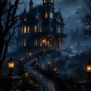a creepy house with pumpkins on the ground Halloween Mansion black