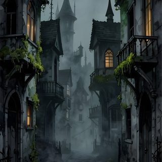 an image of a creepy town at night with the moon in the sky above it Spooky Halloween Street Dark Street, Gothic, Storybook Art, Magical Art, Gothic Art, Art, dark slate gray