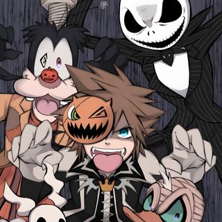 an image of some cartoon characters in front of a halloween background with the words happy halloween written on it Kingdom Hearts Halloween Kingdom Hearts Jack Skellington, Kingdom Hearts Nightmare Before Christmas, Kingdom Hearts Halloween Sora, dim gray