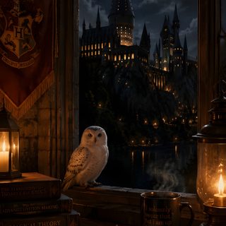 an owl sitting on top of a window sill next to harry potter's castle Harry Potter Halloween Iphone Harry Potter Lock Screen, Harry Potter Backgrounds, Harry Potter Journal, black