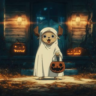 a dog dressed as a nun holding a jack - o'- lantern in front of a house Halloween One Piece Straw Hat, Anime Art, One Piece, Halloween, black