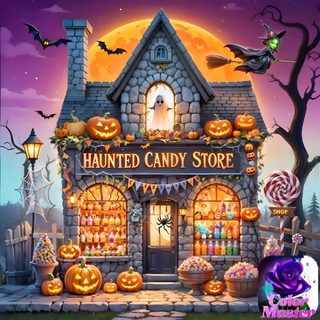 a halloween themed candy store with pumpkins and candies Halloween Candy House Halloween Candy Store, Spooky Old Buildings, Witches Candy House, dim gray