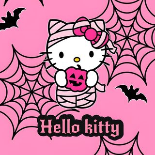 the hello kitty wallpaper is pink and has black spider webs on it with bats Pink Pink Hello Kitty Halloween Hello Kitty Art, Pink Hello Kitty, Pink, Hello Kitty Halloween,