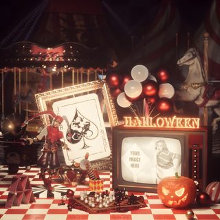 a table topped with an old fashioned tv and halloween decorations in front of a black and white checkerboard background Halloween Carnival Circus Background, Dark Circus, The Ringmaster, Circus Aesthetic, Image Swag, saddle brown