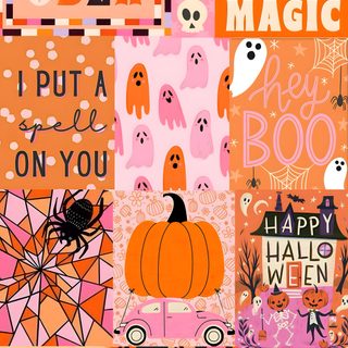a collage of halloween cards with pumpkins, ghostes and other things on them Pink And Orange Halloween Diy Halloween Party Decorations, Halloween Themed Collage, October Social Media Post Ideas, dark salmon