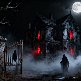 a creepy looking house with red lights in the fog at night, surrounded by trees and bushes Halloween Creepy House Digital Art, black