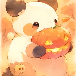 a panda bear holding a pumpkin in its paws Cute Halloween Panda Panda Fall, Autumn Panda, Cute Halloween Panda, Panda Halloween Background, khaki