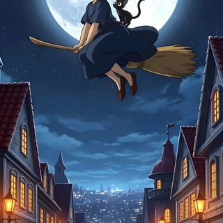 a woman flying through the air on top of a broom in front of a full moon Ghibli Halloween Kiki's Delivery Service, Hayao Miyazaki, Kiki's Delivery Service Phone, dark slate gray