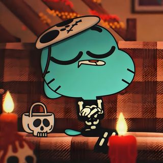 a cartoon character sitting on top of a couch next to a lit candle and skull Gumball Halloween Darwin Watterson Halloween, Darwin Halloween Pfp, Witch From Gumball, saddle brown