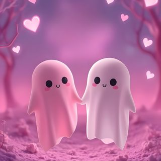 two ghost like figures standing next to each other in the middle of a pink forest Halloween Love Ghost Cute, Iphone Cute Hd Love, Cute Pink Moving, Cute Ghost Iphone, gray