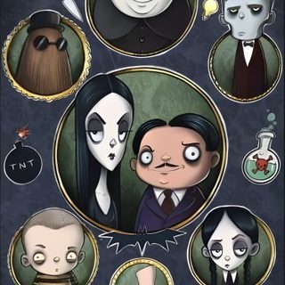 the addams are depicted in this poster Halloween Family Cameos Addams Family Art, Addams Family Cartoon, Halloween Photo Props, dark slate gray