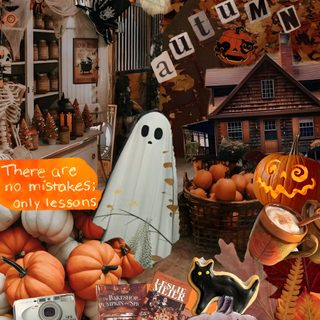 there are many pumpkins and decorations in the room Halloween Collages Halloween Fall Backgrounds, Cute Aesthetic Halloween, Fall Halloween, saddle brown
