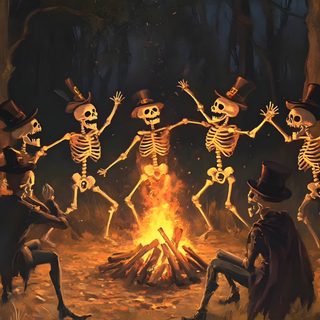 a group of skeletons dancing around a fire in the woods with hats and tails on Halloween Skeleton Party Happy Halloween Pictures, Horror Photos, Halloween Backgrounds, dark slate gray