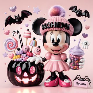 a minnie mouse with candy and halloween decorations Minnie Halloween light pink