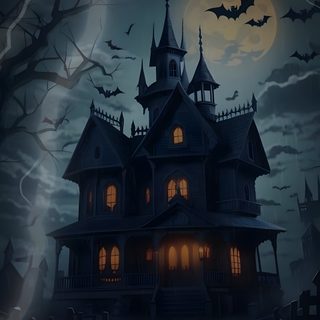 a spooky house with bats and pumpkins in front of it at night Halloween Halloween Haunted House black