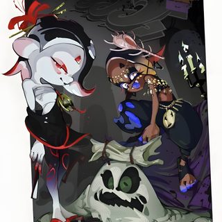 two cartoon characters dressed in halloween costumes, one with a ghost and the other as a cat Splatoon Halloween Splatfest Art Official, Splatoon 3 Promo Characters, Splatoon Halloween, dim gray