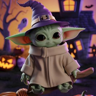 a baby yoda in a witches costume with pumpkins and jack - o'- lanterns Halloween Baby Yoda Pictures Of Yoda From Star Wars, Baby Yoda Pictures, Star Wars Halloween, dark slate gray