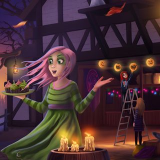 a painting of a girl with pink hair and green dress standing in front of a barrel full of pumpkins Star Stable Halloween 4k Fall Pictures, Star Stable Backgrounds, Star Stable, Halloween 2018, dark slate gray