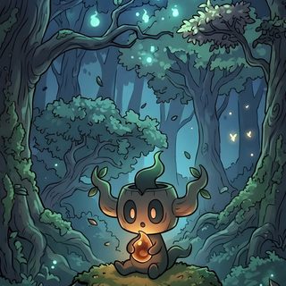 a cartoon character sitting on top of a rock in the middle of a forest at night Halloween Pokemon Phantump Cute, Phantump Halloween, Pumpkaboo Pokemon, Phantump, dark slate gray