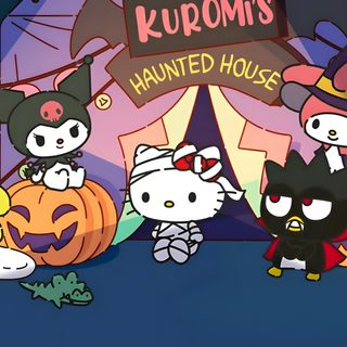 several cartoon characters standing in front of a carnival booth with pumpkins and other decorations Sanrio Characters Halloween Halloween Desktop Gif, Cute Halloween Discord Banner Gif, Sanrio Fall Laptop, dark slate blue