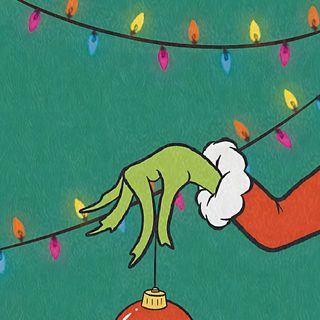 an elf is hanging upside down on a christmas ornament with lights around him Halloween Grinch Christmas Backgrounds For Phones, X Mas Aesthetic Grinch, Christmas Screen, sea green